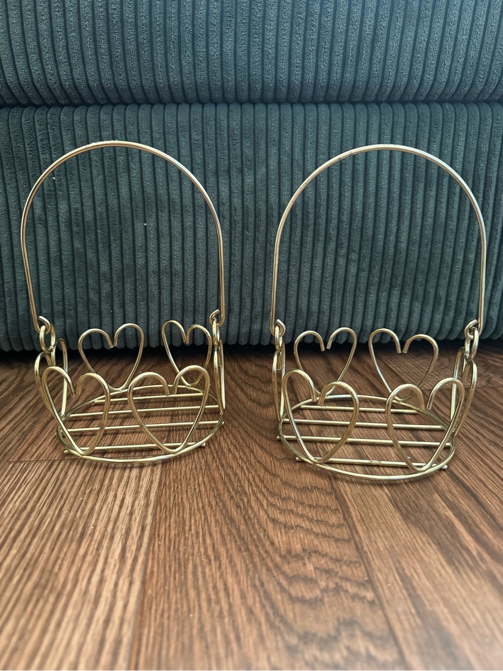 Brass Heart Wire Basket Pair - Decorative Handle Baskets